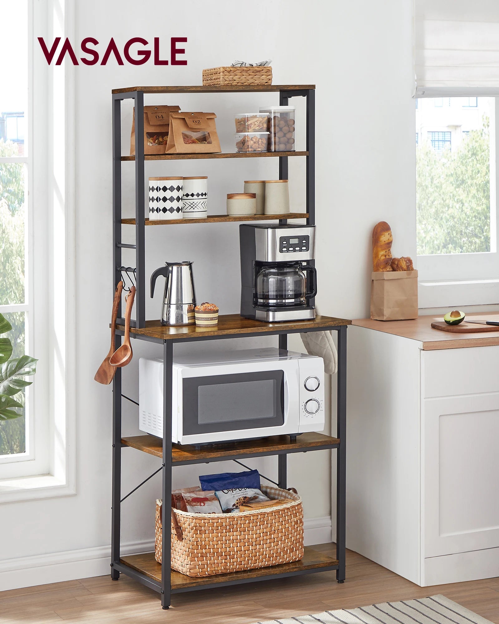 VASAGLE Coffee Bar, 6-Tier Kitchen Shelves with 6 Hooks, Baker’s Rack for Kitchen, Microwave Stand, Industrial