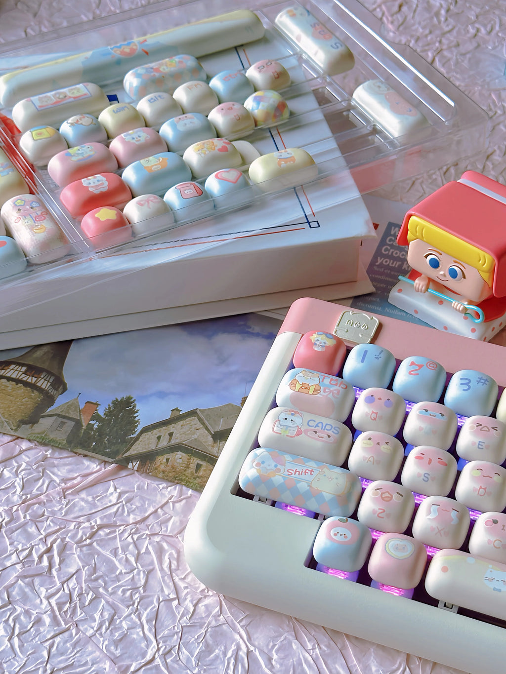 140 Keys Cute Keycaps Cat MOG Keycaps PBT Pink Keys Gift for Girl Cute New Square Thermal Sublimation Mechanical Keyboard 6.25U