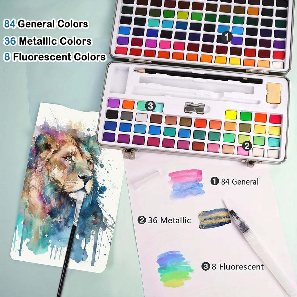 Deluxe Watercolor Paint Set with Brushes and Pencil 168 Vibrant Colors Non-Toxic Portable Metal Case Complete Art Supplies Kit