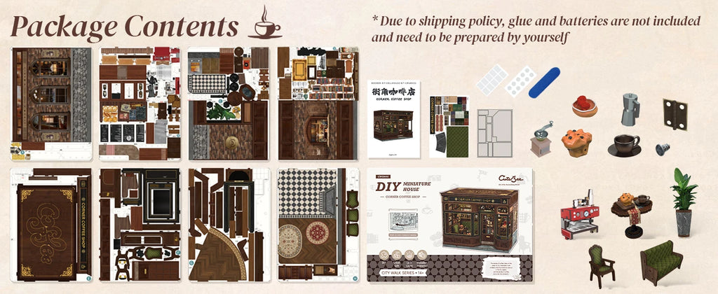 CUTEBEE Book Nook Kit DIY Doll House with LED Light Bookshelf Insert – Corner Coffee Shop Miniature Model for Birthday & Family Gifts