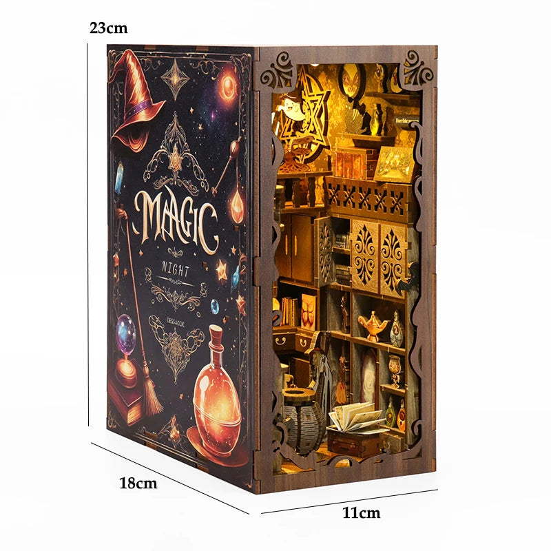 Wooden Mini Doll House DIY Book Nook Kit – Assembly Model 3D Puzzle Bookend Toys Bookshelf Insert Decor with LED Light for Xmas Gifts