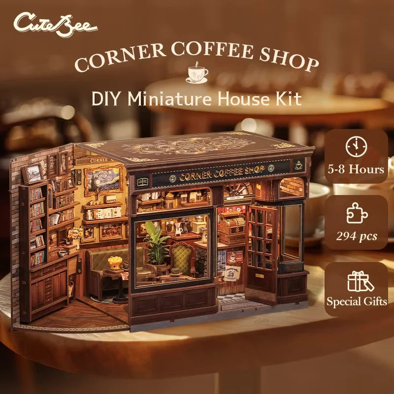 CUTEBEE Book Nook Kit DIY Doll House with LED Light Bookshelf Insert – Corner Coffee Shop Miniature Model for Birthday & Family Gifts