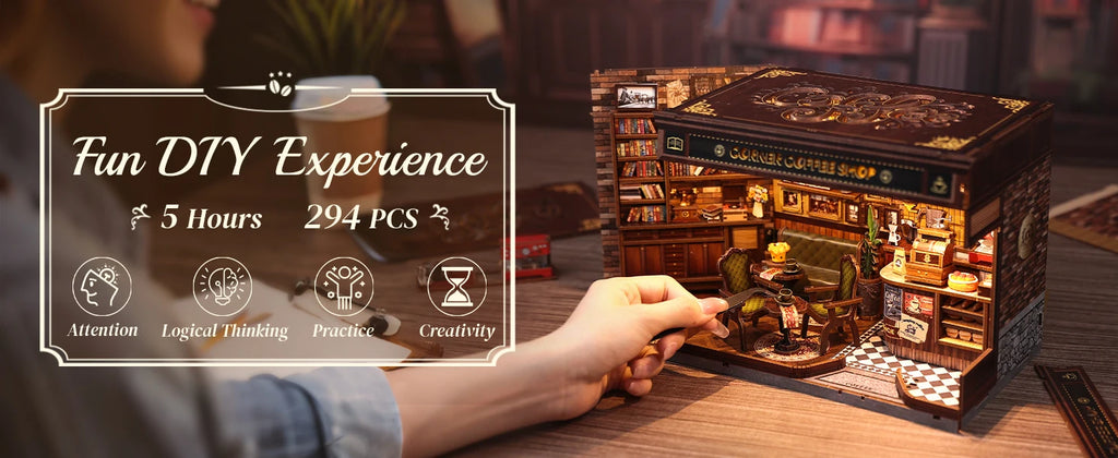 CUTEBEE Book Nook Kit DIY Doll House with LED Light Bookshelf Insert – Corner Coffee Shop Miniature Model for Birthday & Family Gifts