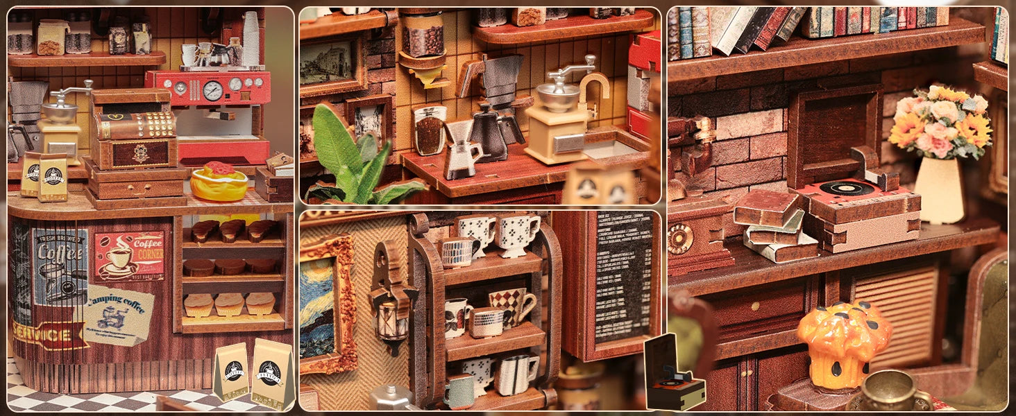 CUTEBEE Book Nook Kit DIY Doll House with LED Light Bookshelf Insert – Corner Coffee Shop Miniature Model for Birthday & Family Gifts