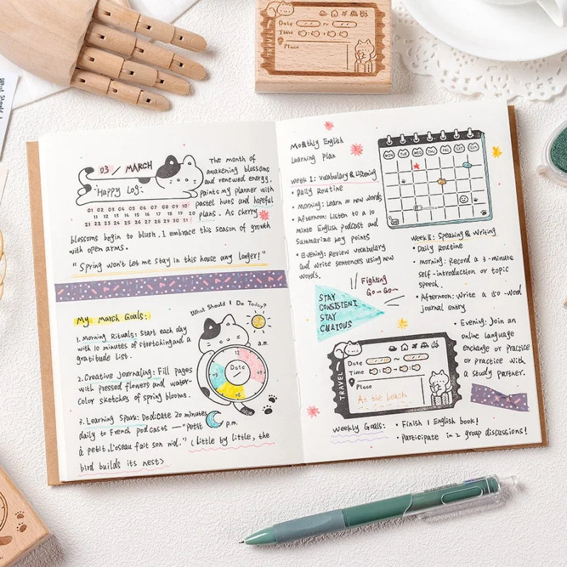 Memo Cat Box Wooden Hand Account Seal Retro Cat Schedule Plan Beech Wood Seal Daily Memo Seal School Supplies Assorted Stamp