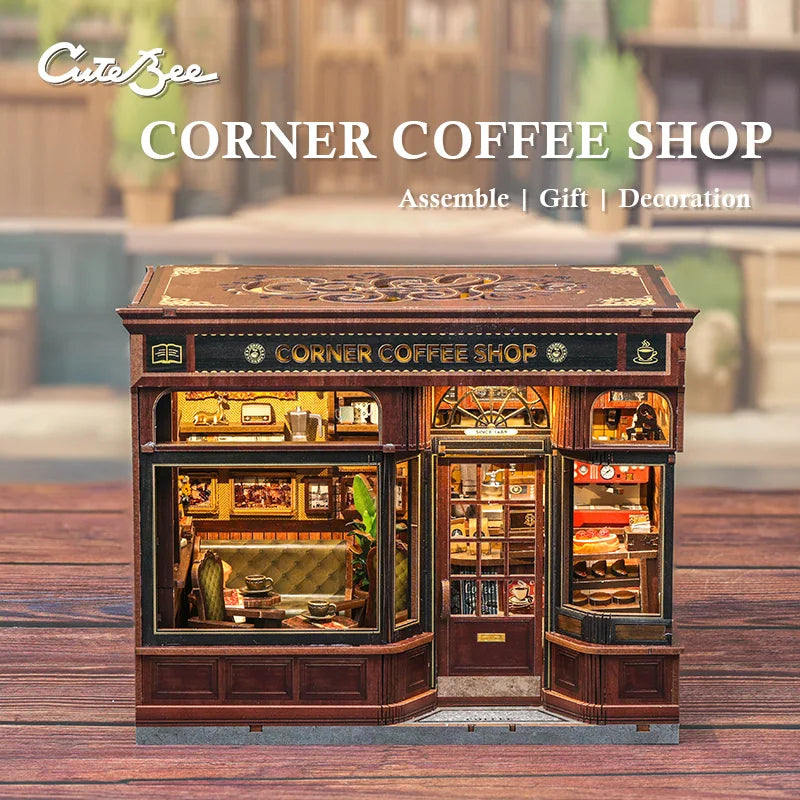 CUTEBEE Book Nook Kit DIY Doll House with LED Light Bookshelf Insert – Corner Coffee Shop Miniature Model for Birthday & Family Gifts
