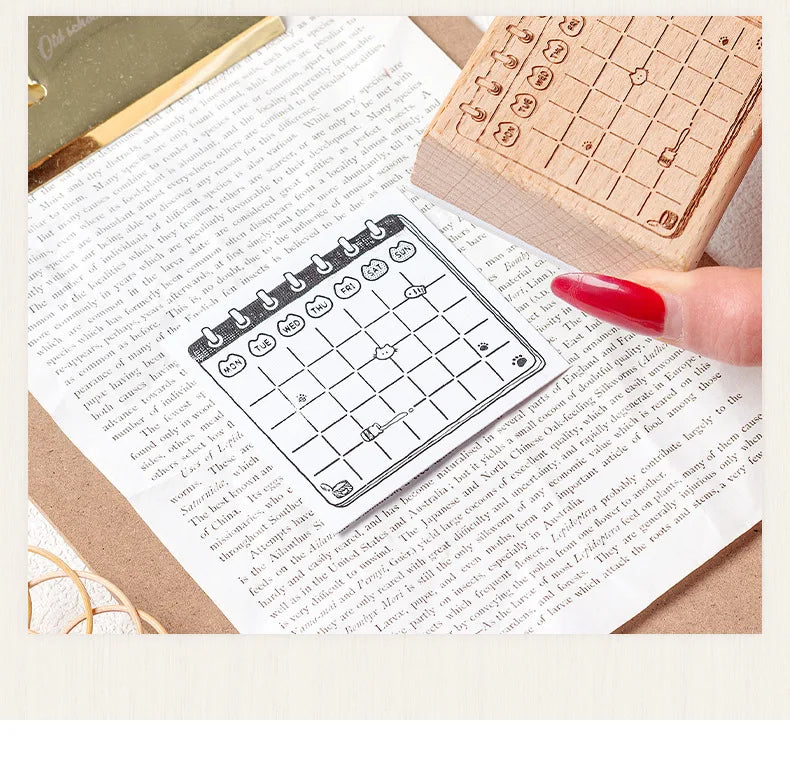Memo Cat Box Wooden Hand Account Seal Retro Cat Schedule Plan Beech Wood Seal Daily Memo Seal School Supplies Assorted Stamp