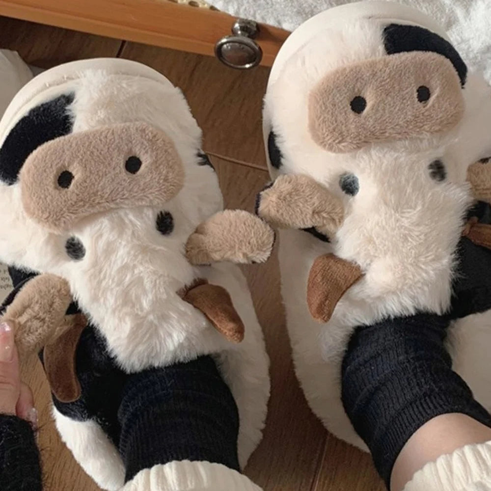 New winter neutral cartoon cow warm plush slippers for couples, indoor anti slip home slippers for men and women, home cotton sh