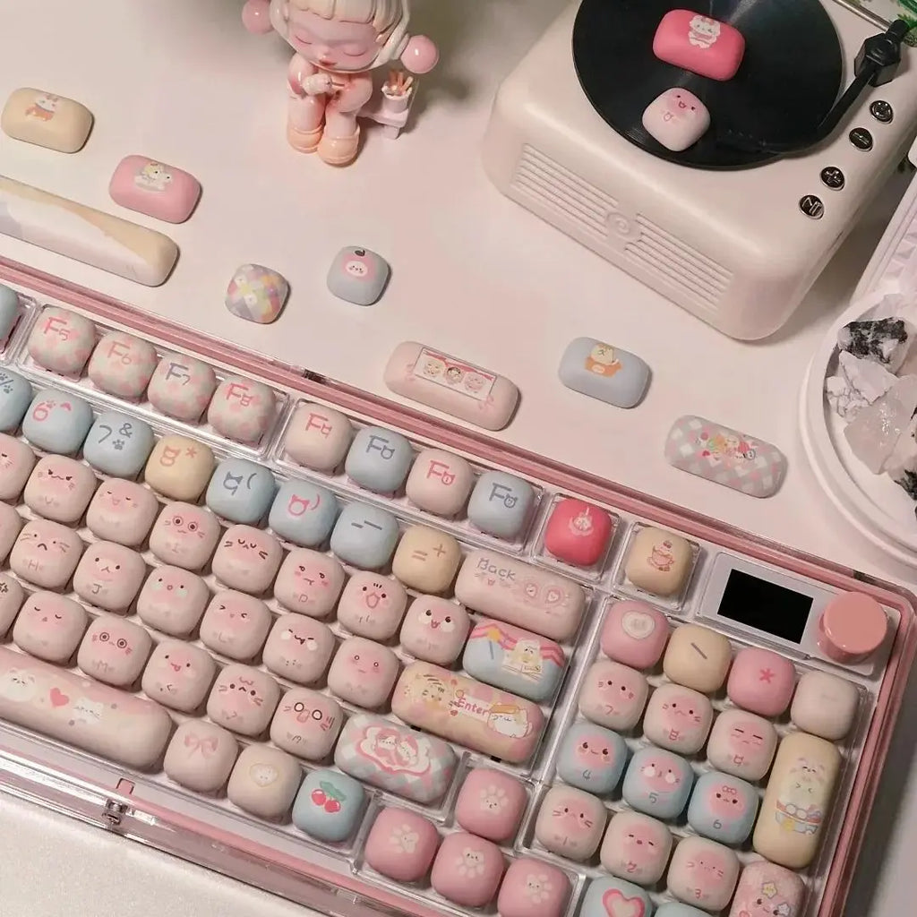 140 Keys Cute Keycaps Cat MOG Keycaps PBT Pink Keys Gift for Girl Cute New Square Thermal Sublimation Mechanical Keyboard 6.25U