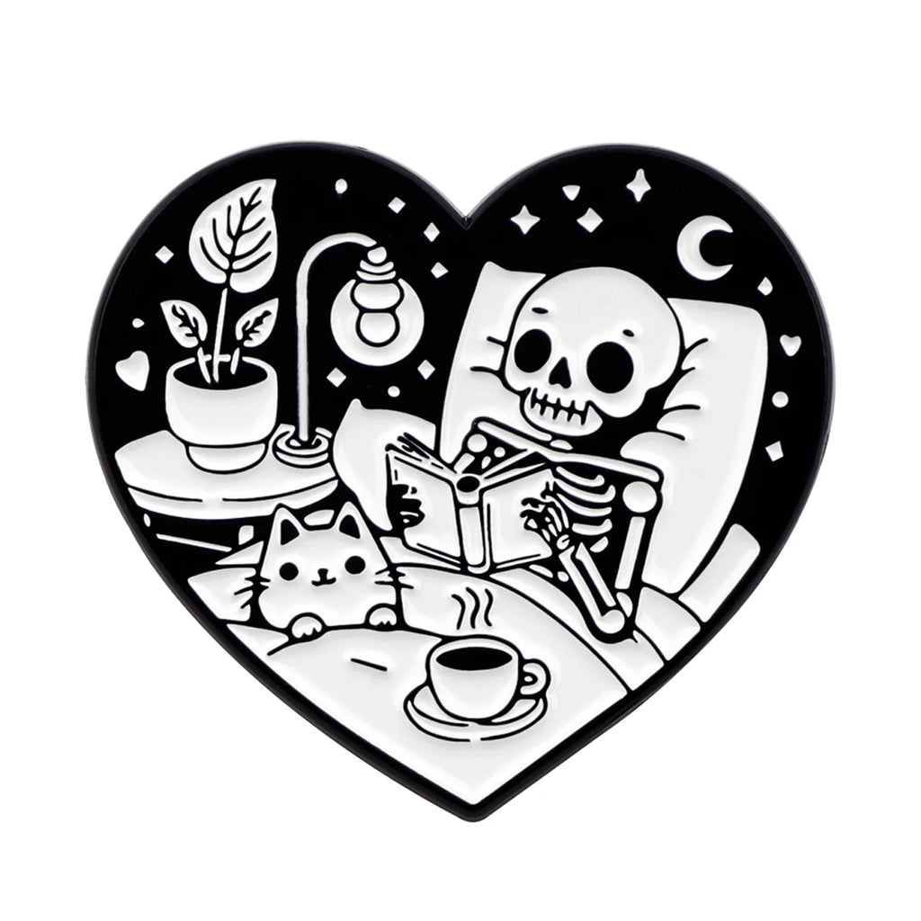 Black Cat Skeleton Book Enamel Pin