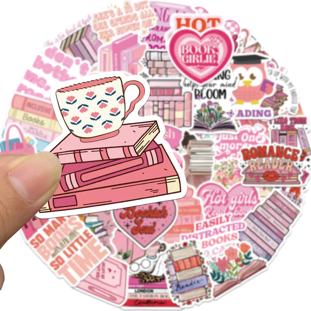 10/25/50pcs Pink Book Reading Graffiti Stickers for DIY Decor Stationery Suitcase Bottle Phone Laptop Skateboard Scrapbooking
