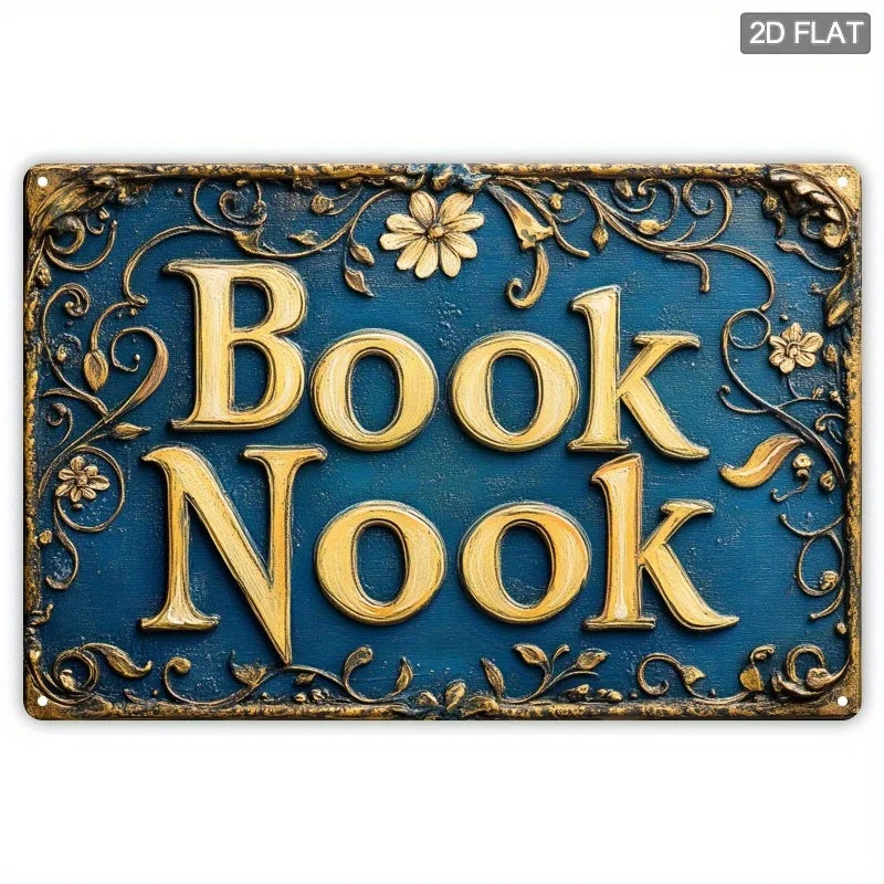 Vintage "Book Nook" Metal Wall Sign , Ornate Golden Lettering on Dark Background with Floral Patterns, Perfect for Room Decor