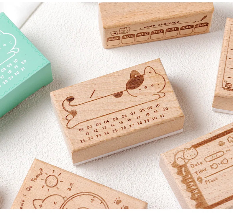 Memo Cat Box Wooden Hand Account Seal Retro Cat Schedule Plan Beech Wood Seal Daily Memo Seal School Supplies Assorted Stamp