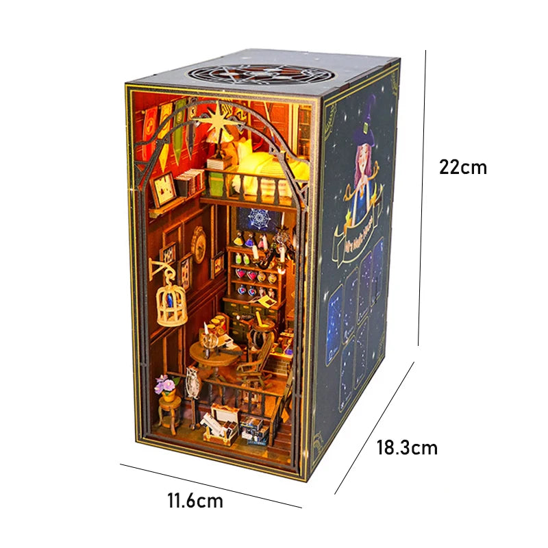 Wooden Mini Doll House DIY Book Nook Kit – Assembly Model 3D Puzzle Bookend Toys Bookshelf Insert Decor with LED Light for Xmas Gifts