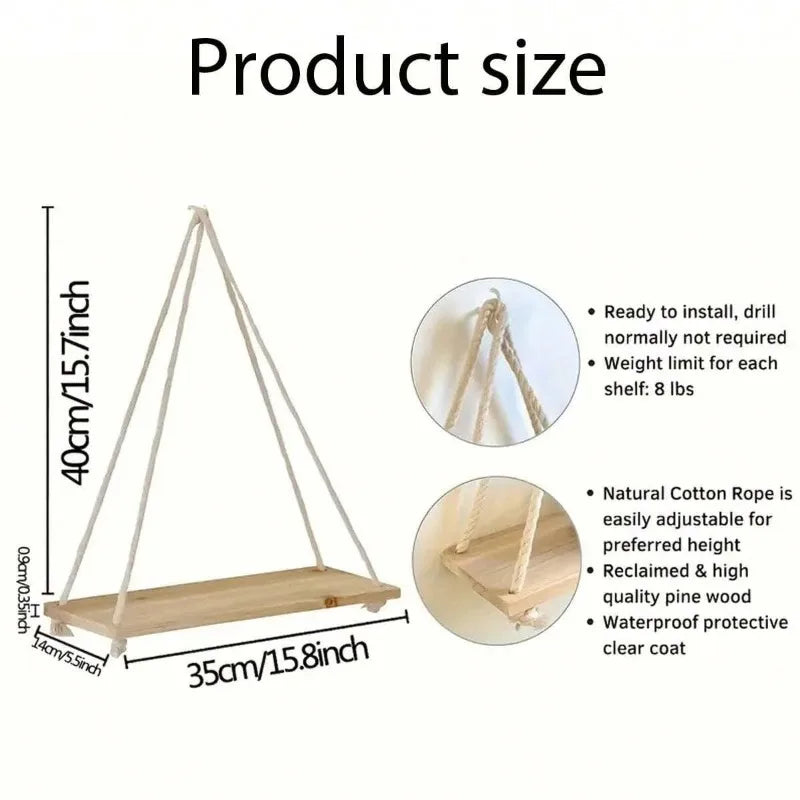 1PC Wooden Swing Hanging Hemp Rope Wall Shelf – Mounted Floating Plant Flower Pot Tray for Storage & Garden Decoration