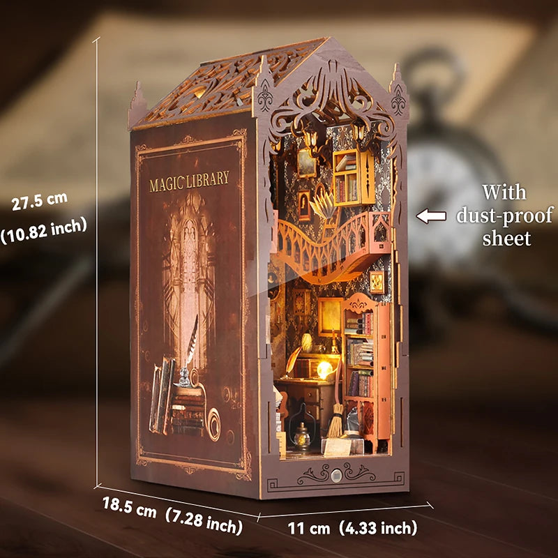 Wooden Mini Doll House DIY Book Nook Kit – Assembly Model 3D Puzzle Bookend Toys Bookshelf Insert Decor with LED Light for Xmas Gifts