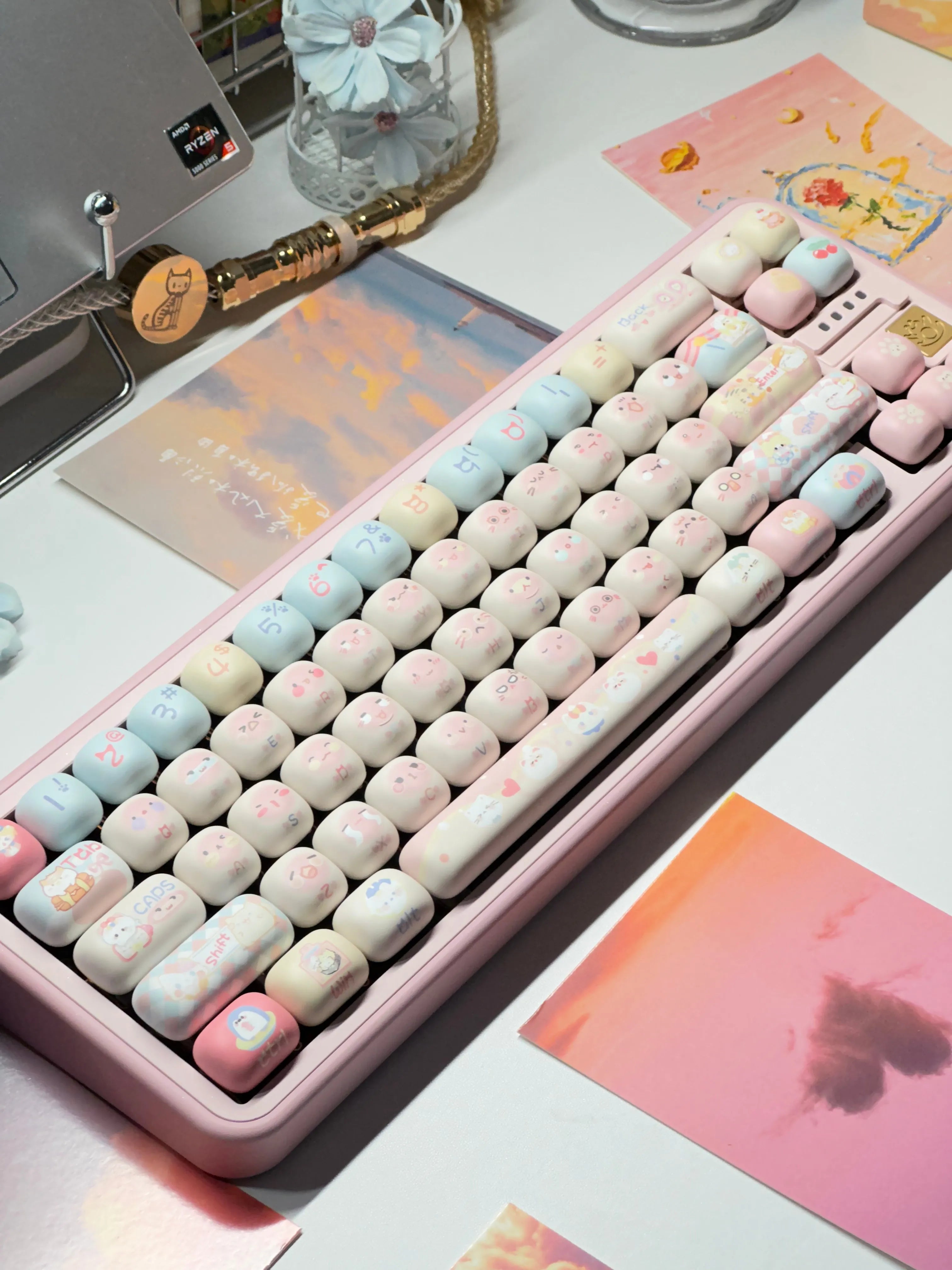 140 Keys Cute Keycaps Cat MOG Keycaps PBT Pink Keys Gift for Girl Cute New Square Thermal Sublimation Mechanical Keyboard 6.25U