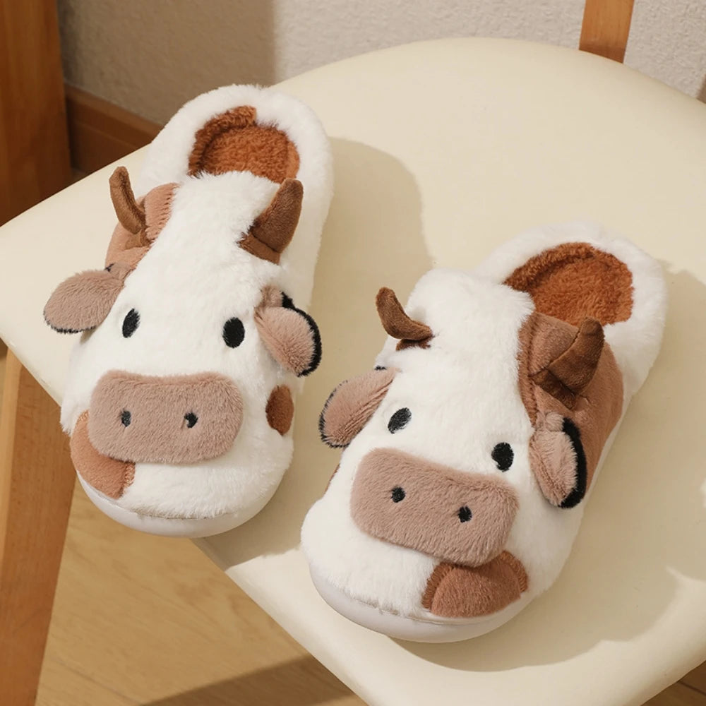 New winter neutral cartoon cow warm plush slippers for couples, indoor anti slip home slippers for men and women, home cotton sh