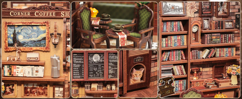 CUTEBEE Book Nook Kit DIY Doll House with LED Light Bookshelf Insert – Corner Coffee Shop Miniature Model for Birthday & Family Gifts