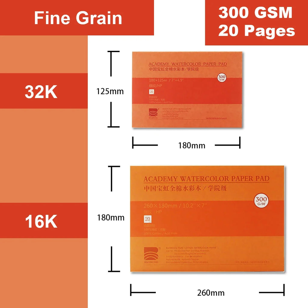 100% Cotton Watercolor Paper Pad – 300gsm Artist Painting Book | Cold & Hot Press Textures | 20-Sheet Sealed Pad (32K & 16K Sizes)