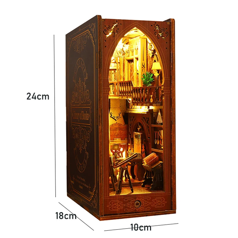 Wooden Mini Doll House DIY Book Nook Kit – Assembly Model 3D Puzzle Bookend Toys Bookshelf Insert Decor with LED Light for Xmas Gifts
