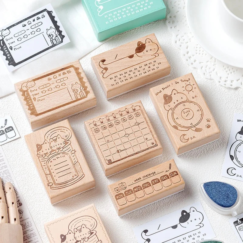 Memo Cat Box Wooden Hand Account Seal Retro Cat Schedule Plan Beech Wood Seal Daily Memo Seal School Supplies Assorted Stamp