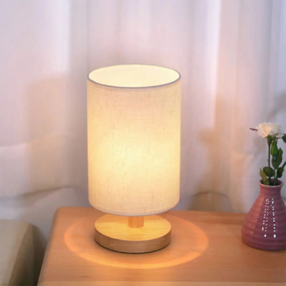 USB Bedside Lamp Night Lights Table Lamp For Bedroom Wooden Desk Lamp Bedside Night Light with Cylinder Lamp Shade Home Decor