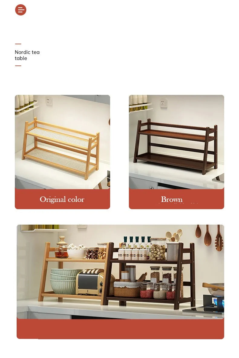 2 Layer Spice Caddy Shelf Bamboo Kitchen Storage Rack Desktop Cabinet Organizer Display Rack Coffee Bar Counter Shelf Cup Holder