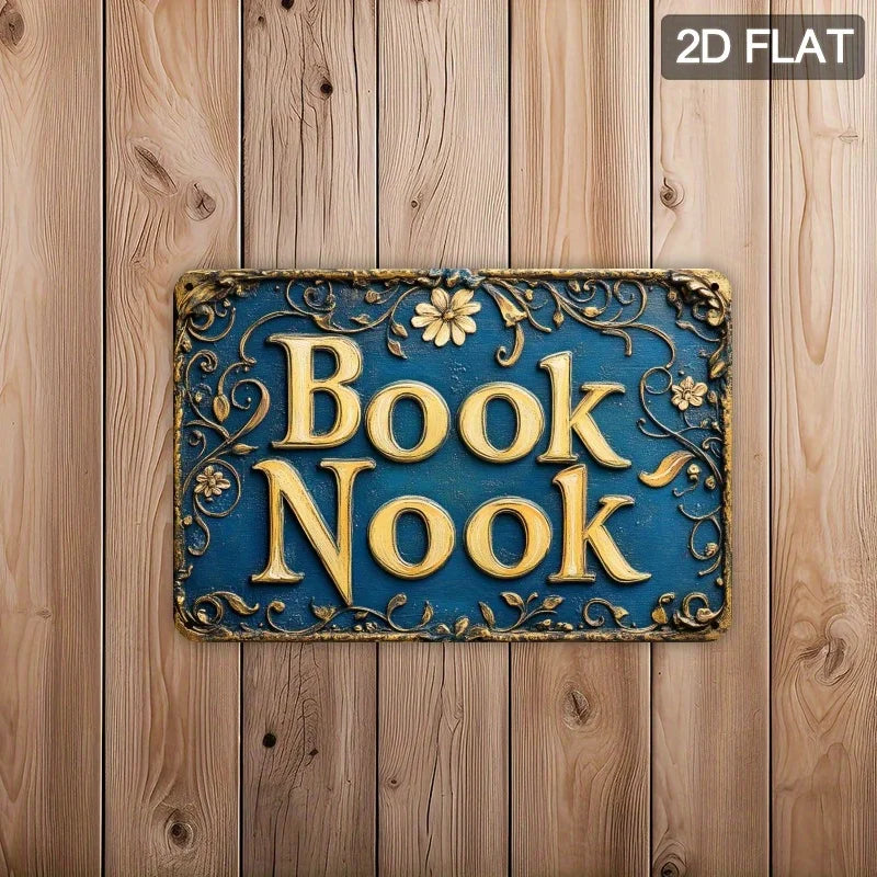 Vintage "Book Nook" Metal Wall Sign , Ornate Golden Lettering on Dark Background with Floral Patterns, Perfect for Room Decor