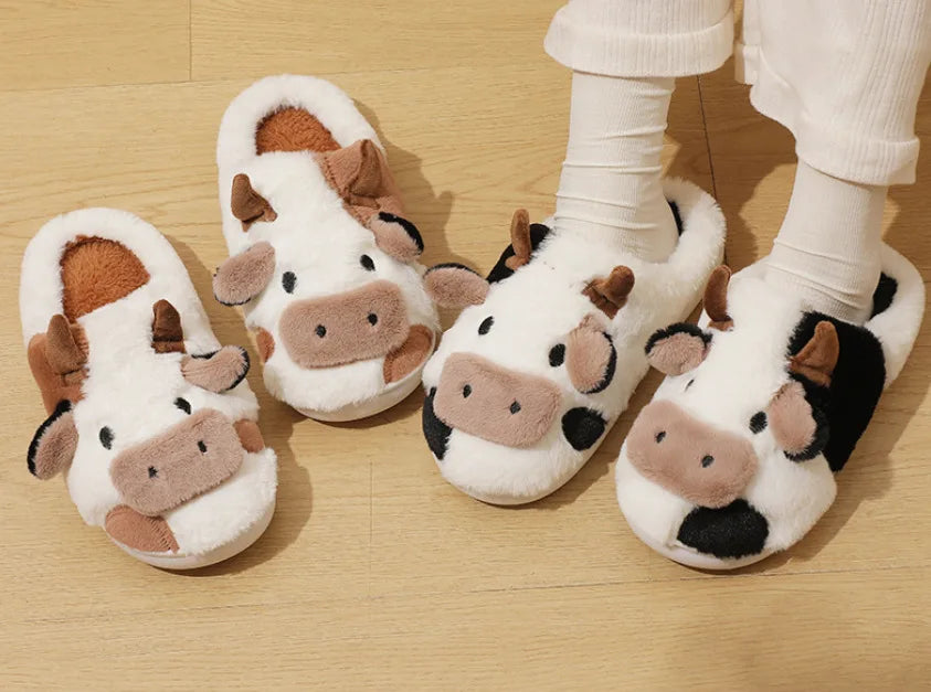 New winter neutral cartoon cow warm plush slippers for couples, indoor anti slip home slippers for men and women, home cotton sh