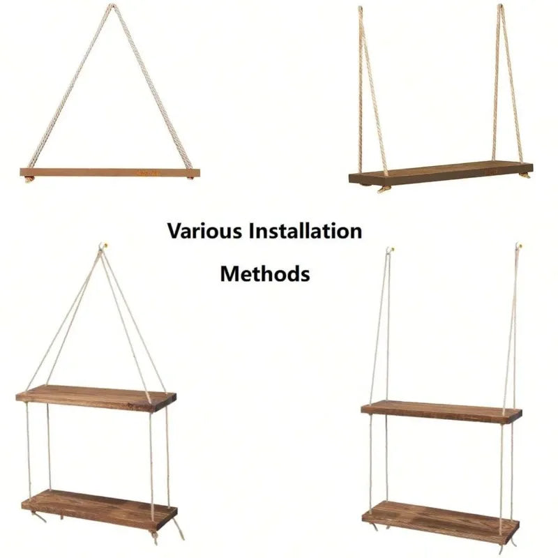 1PC Wooden Swing Hanging Hemp Rope Wall Shelf – Mounted Floating Plant Flower Pot Tray for Storage & Garden Decoration