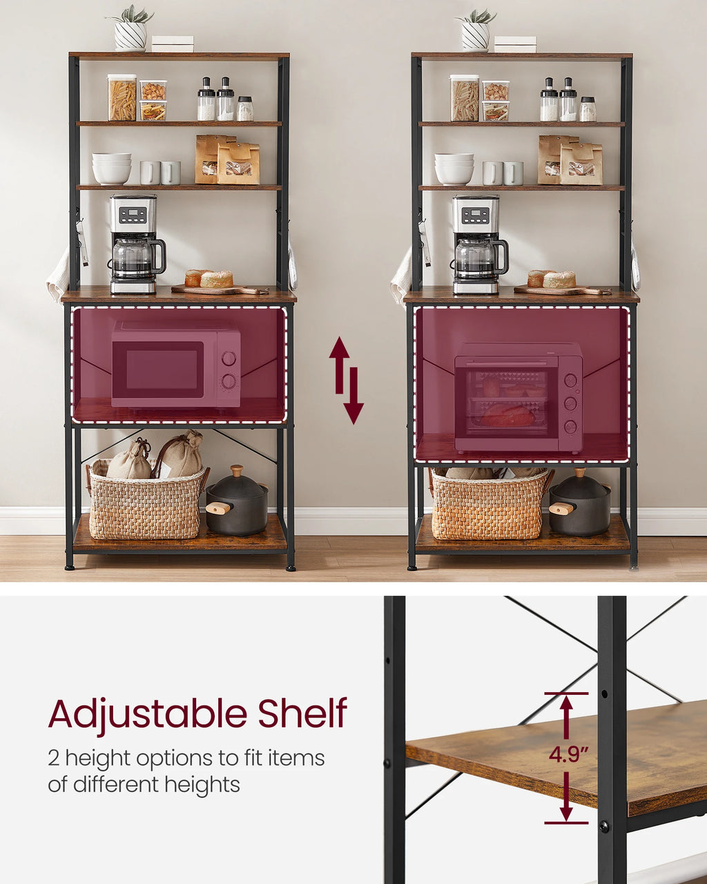 VASAGLE Coffee Bar, 6-Tier Kitchen Shelves with 6 Hooks, Baker’s Rack for Kitchen, Microwave Stand, Industrial