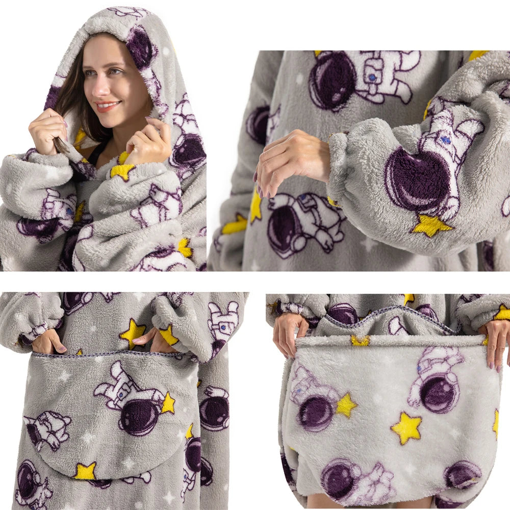 Flannel Wearable Blanket Hoodie with Pocket