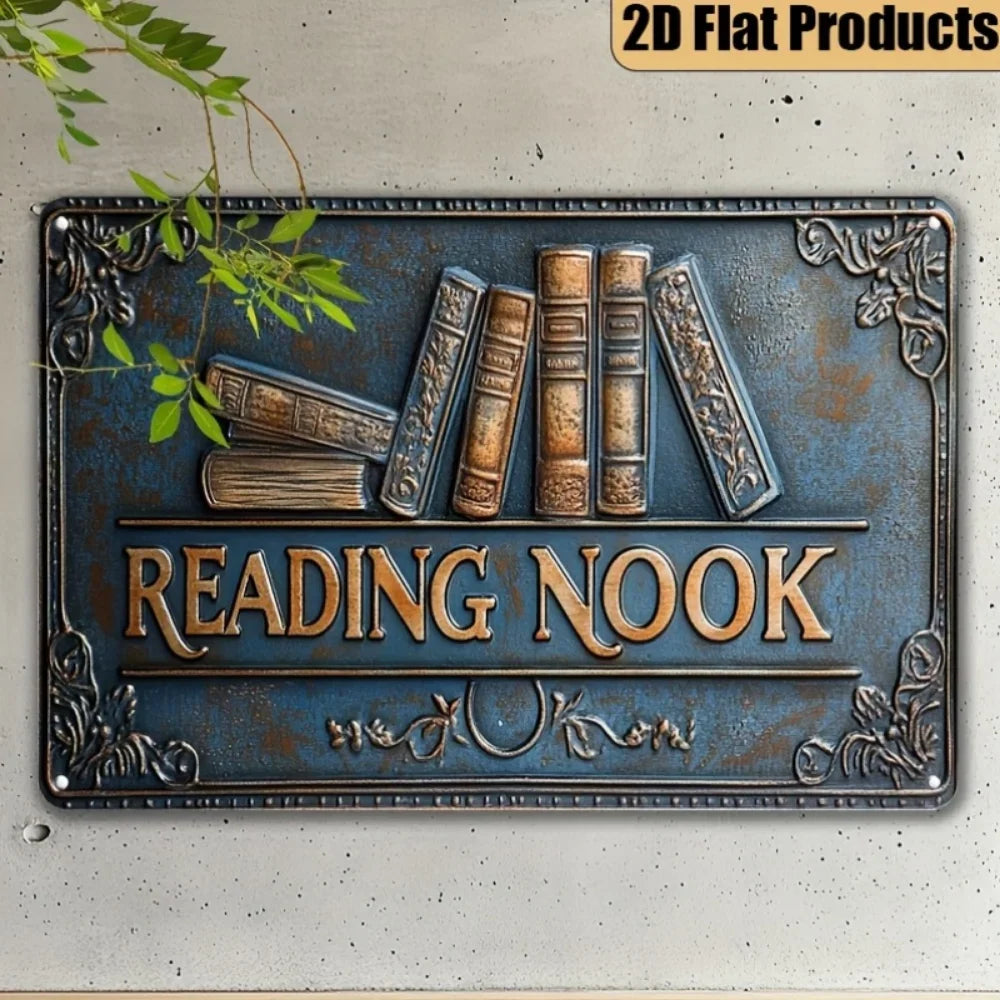 Vintage "Reading Nook" Metal Wall Decor - Retro 2D Flat Plaque for Home Office - Bookworms Ideal Gift