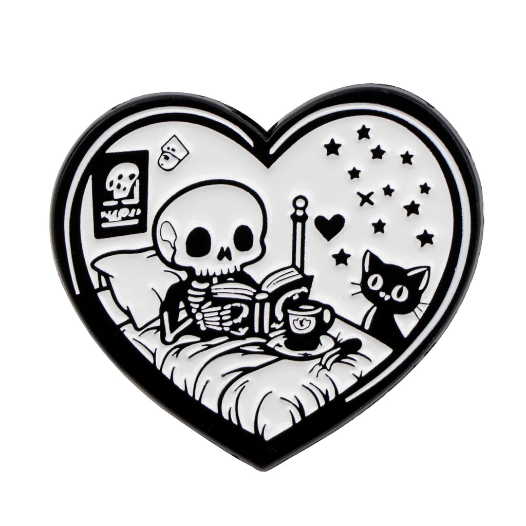 Black Cat Skeleton Book Enamel Pin