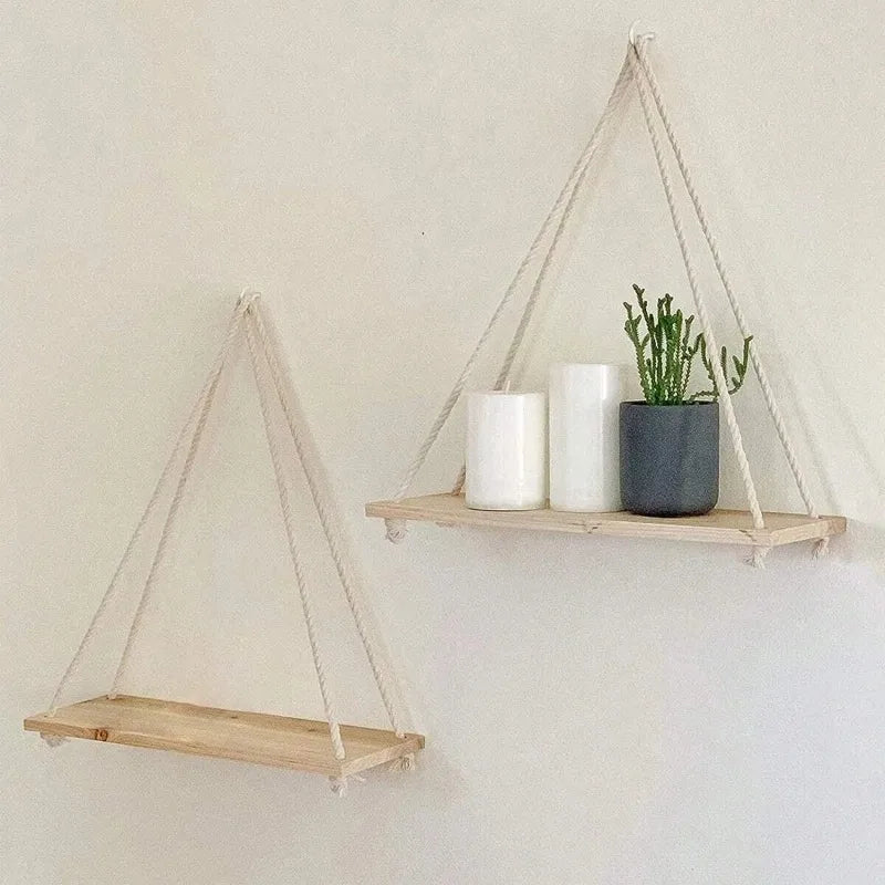 1PC Wooden Swing Hanging Hemp Rope Wall Shelf – Mounted Floating Plant Flower Pot Tray for Storage & Garden Decoration