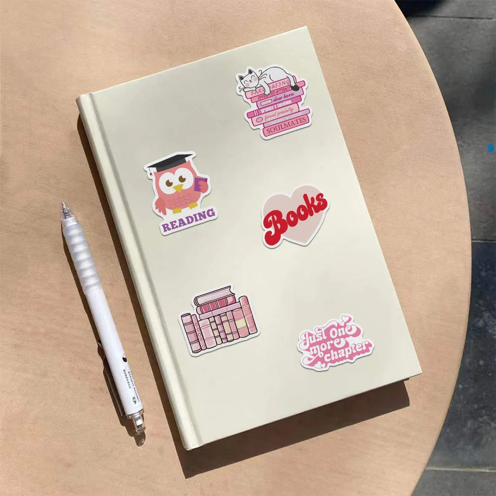 10/25/50pcs Pink Book Reading Graffiti Stickers for DIY Decor Stationery Suitcase Bottle Phone Laptop Skateboard Scrapbooking