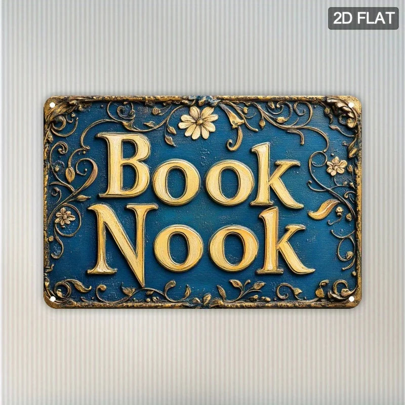 Vintage "Book Nook" Metal Wall Sign , Ornate Golden Lettering on Dark Background with Floral Patterns, Perfect for Room Decor