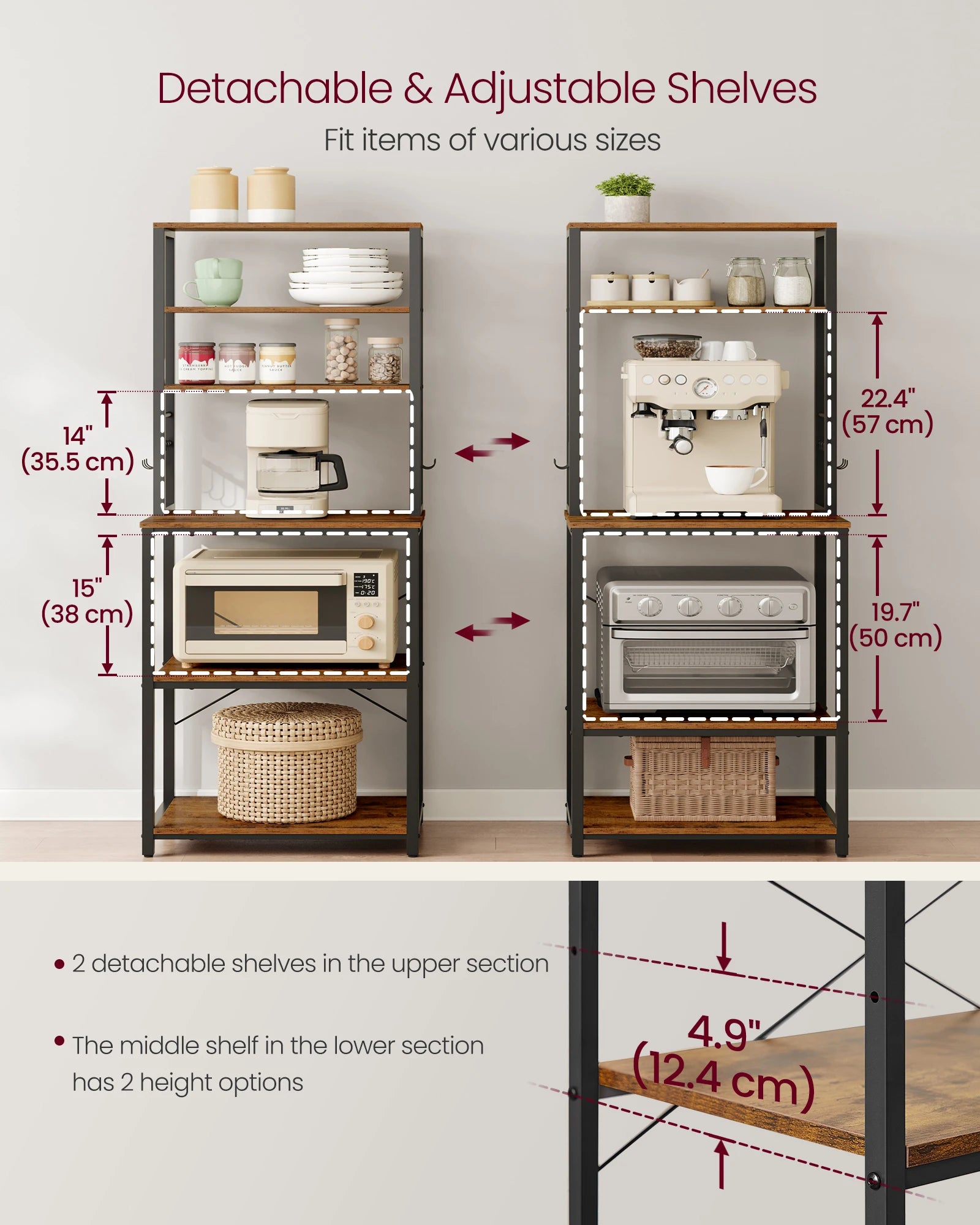 VASAGLE Coffee Bar, 6-Tier Kitchen Shelves with 6 Hooks, Baker’s Rack for Kitchen, Microwave Stand, Industrial