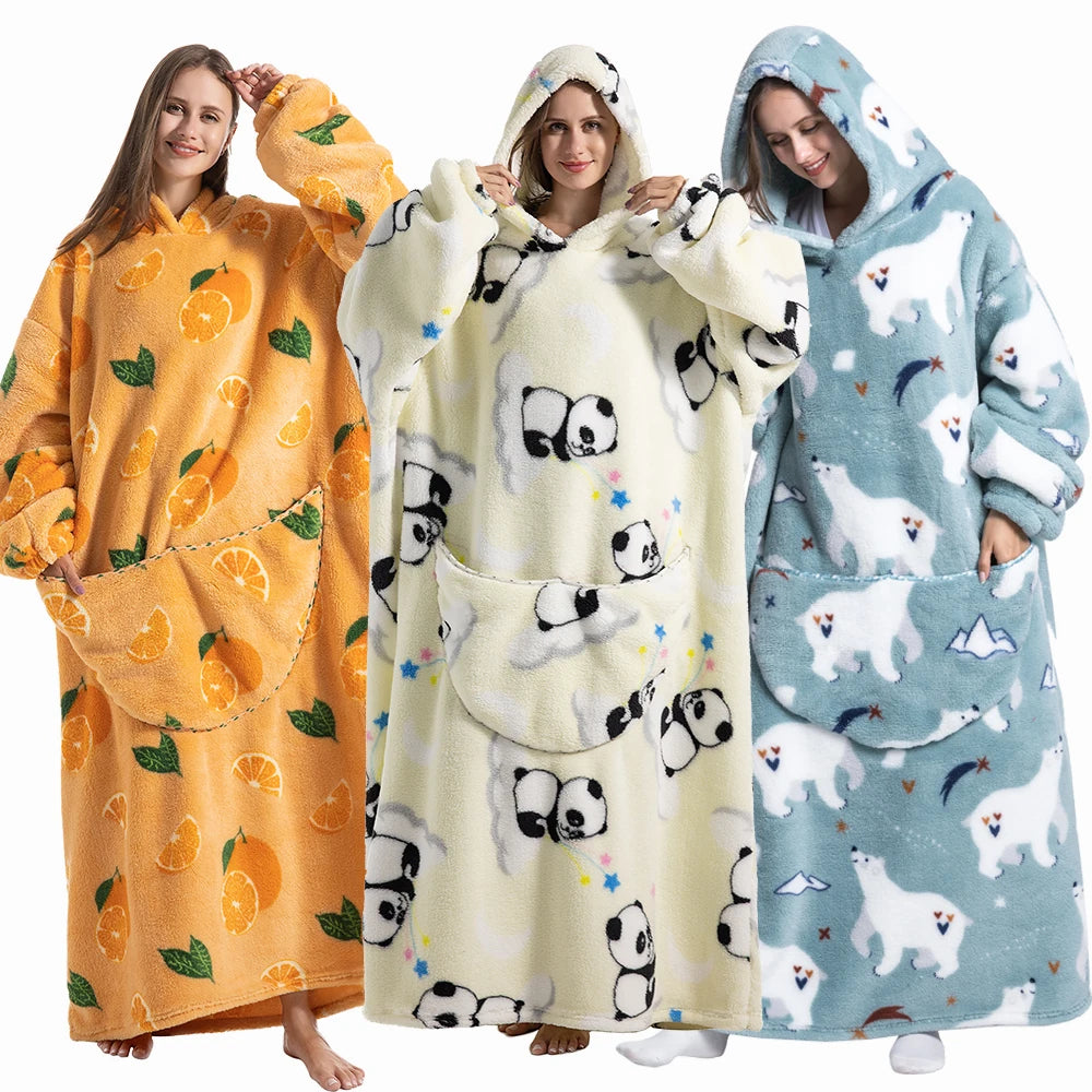 Flannel Wearable Blanket Hoodie with Pocket