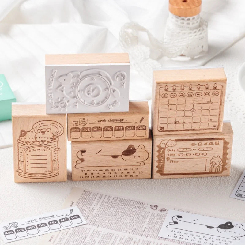 Memo Cat Box Wooden Hand Account Seal Retro Cat Schedule Plan Beech Wood Seal Daily Memo Seal School Supplies Assorted Stamp