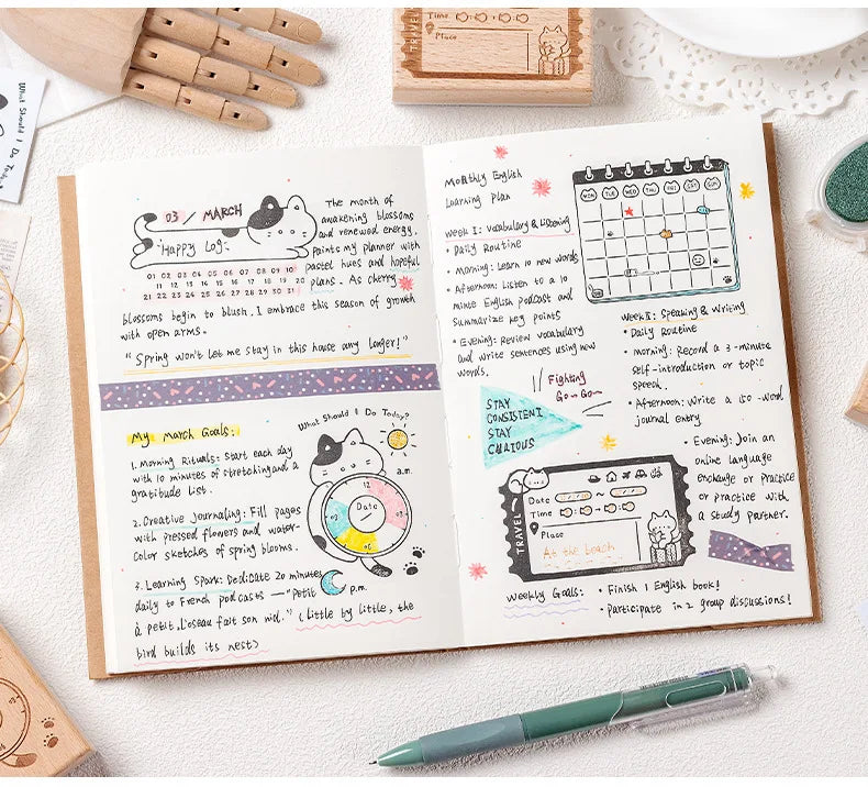 Memo Cat Box Wooden Hand Account Seal Retro Cat Schedule Plan Beech Wood Seal Daily Memo Seal School Supplies Assorted Stamp