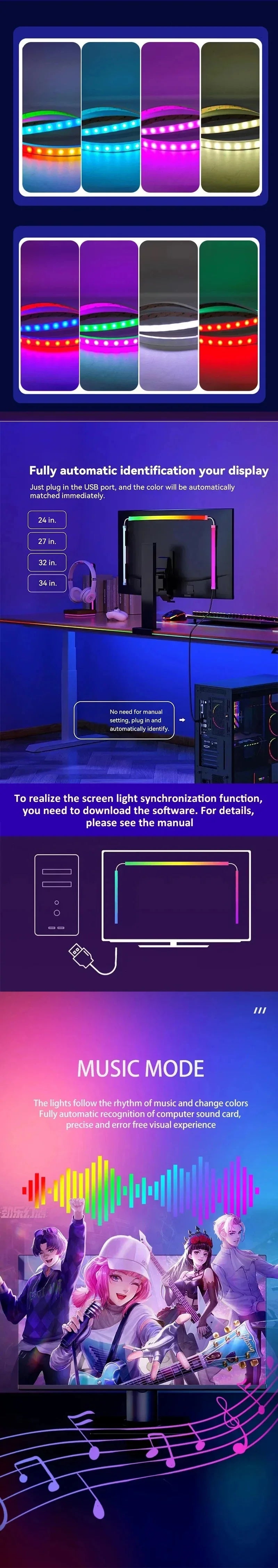 LED Sync RGB LED Strip Lights for 24-34 Inch Monitor USB-Powered Backlight Pickup Atmosphere Lights for Gaming Room Desk Decor