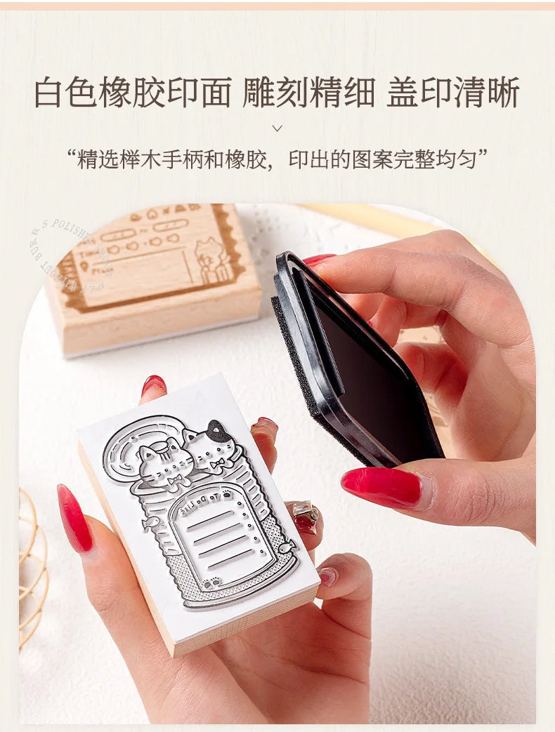Memo Cat Box Wooden Hand Account Seal Retro Cat Schedule Plan Beech Wood Seal Daily Memo Seal School Supplies Assorted Stamp