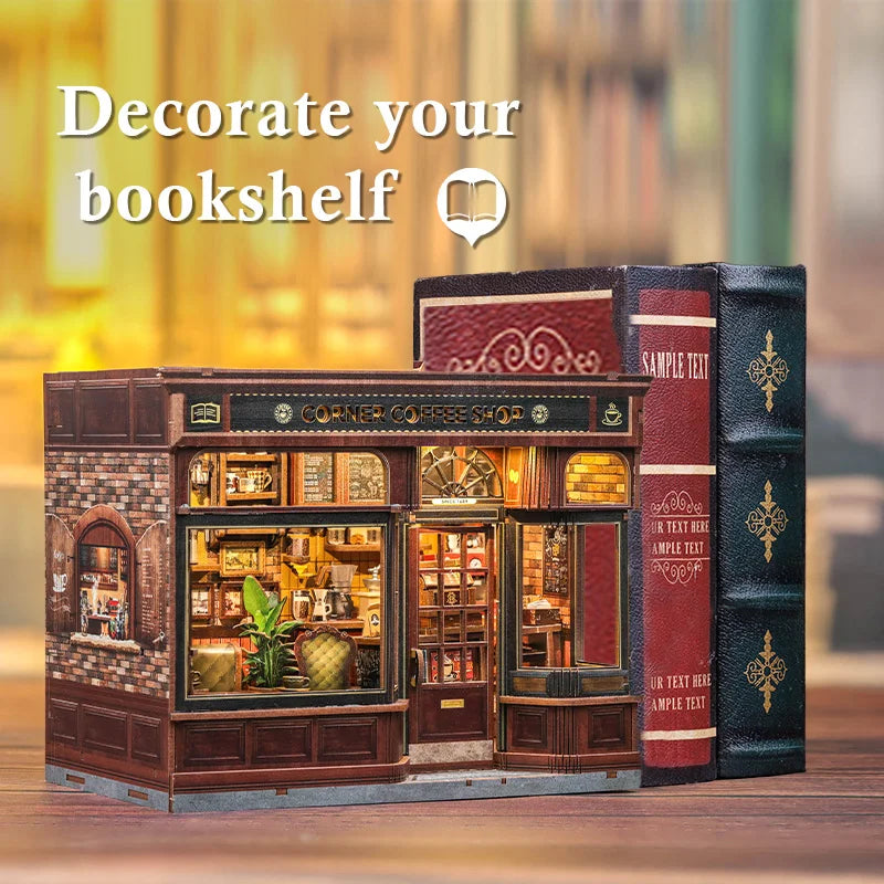 CUTEBEE Book Nook Kit DIY Doll House with LED Light Bookshelf Insert – Corner Coffee Shop Miniature Model for Birthday & Family Gifts