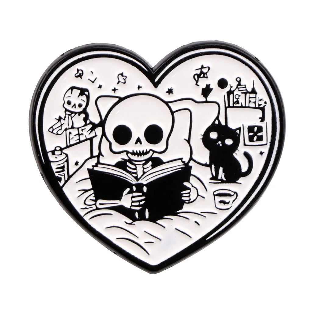 Black Cat Skeleton Book Enamel Pin