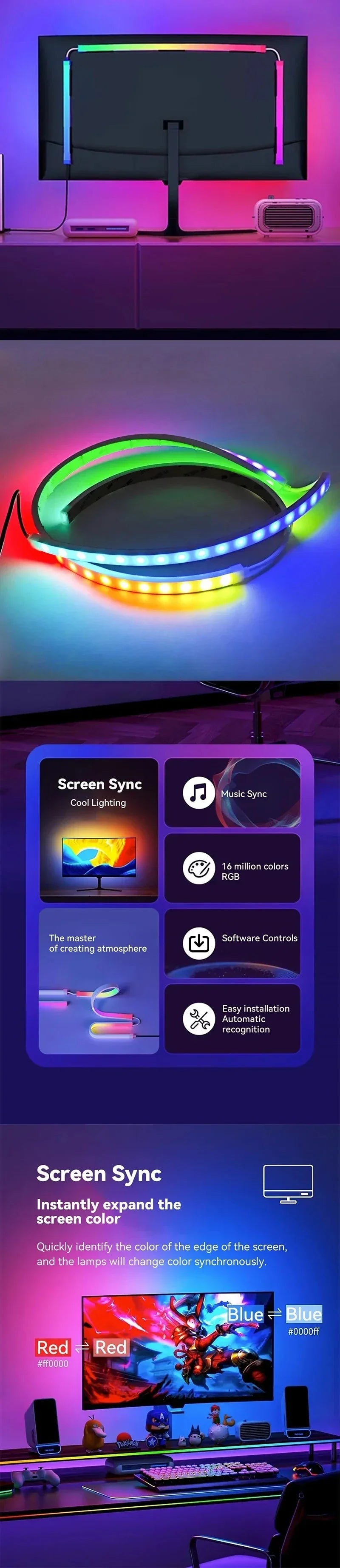 LED Sync RGB LED Strip Lights for 24-34 Inch Monitor USB-Powered Backlight Pickup Atmosphere Lights for Gaming Room Desk Decor