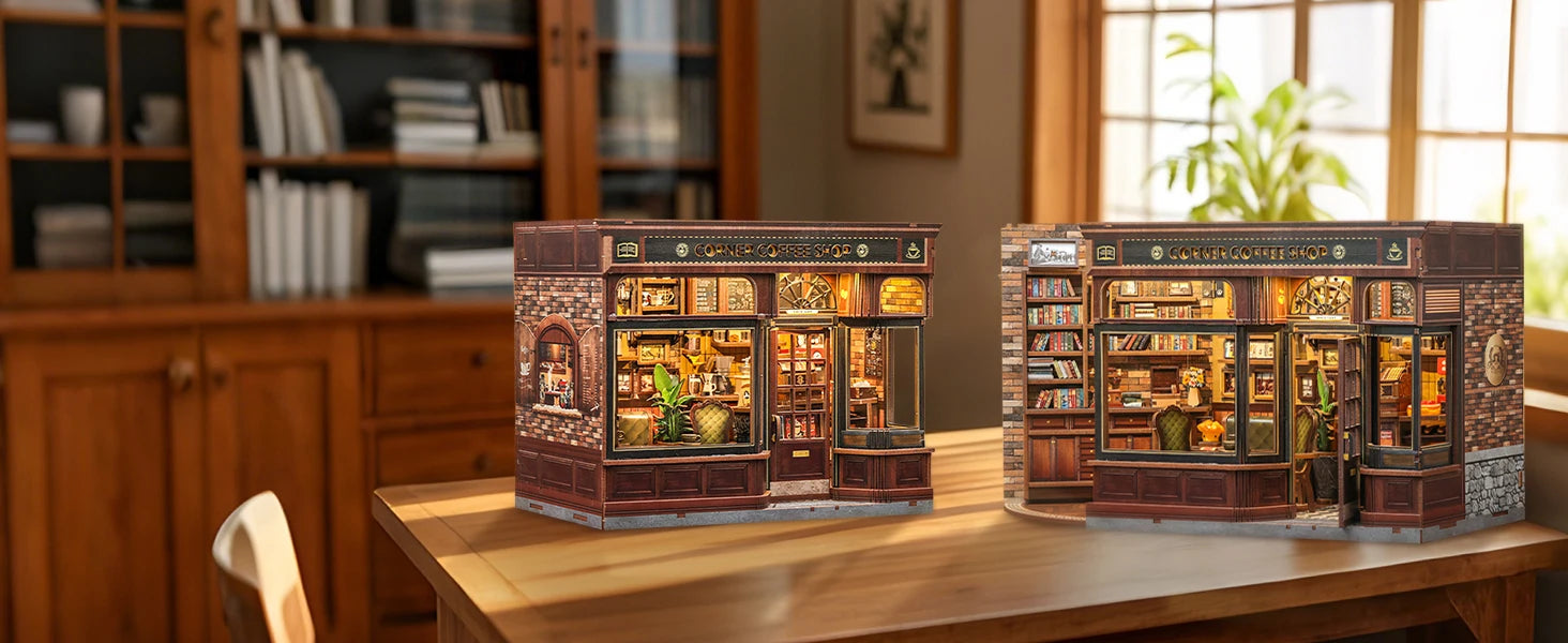 CUTEBEE Book Nook Kit DIY Doll House with LED Light Bookshelf Insert – Corner Coffee Shop Miniature Model for Birthday & Family Gifts