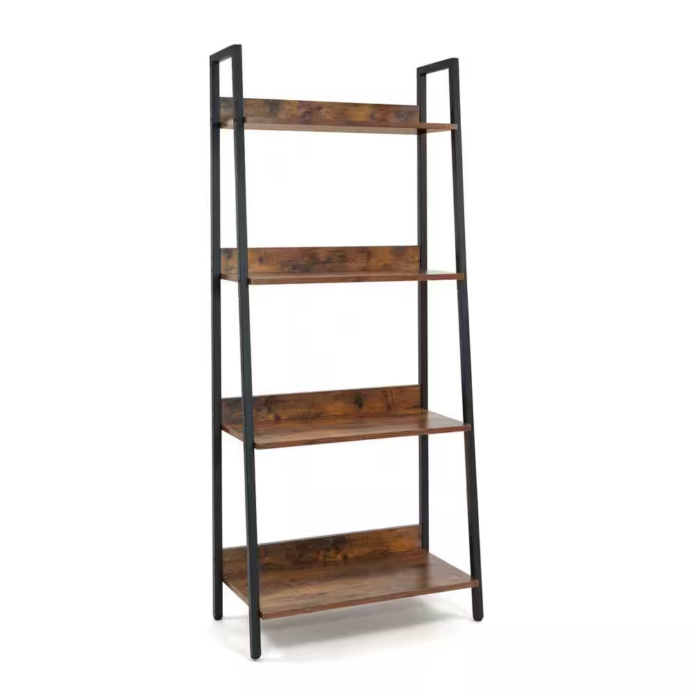 52 In. Industrial Book Shelves, 24 In. Width 4-Shelf Ladder Bookcase for Home Office, Living Room and Kitchen