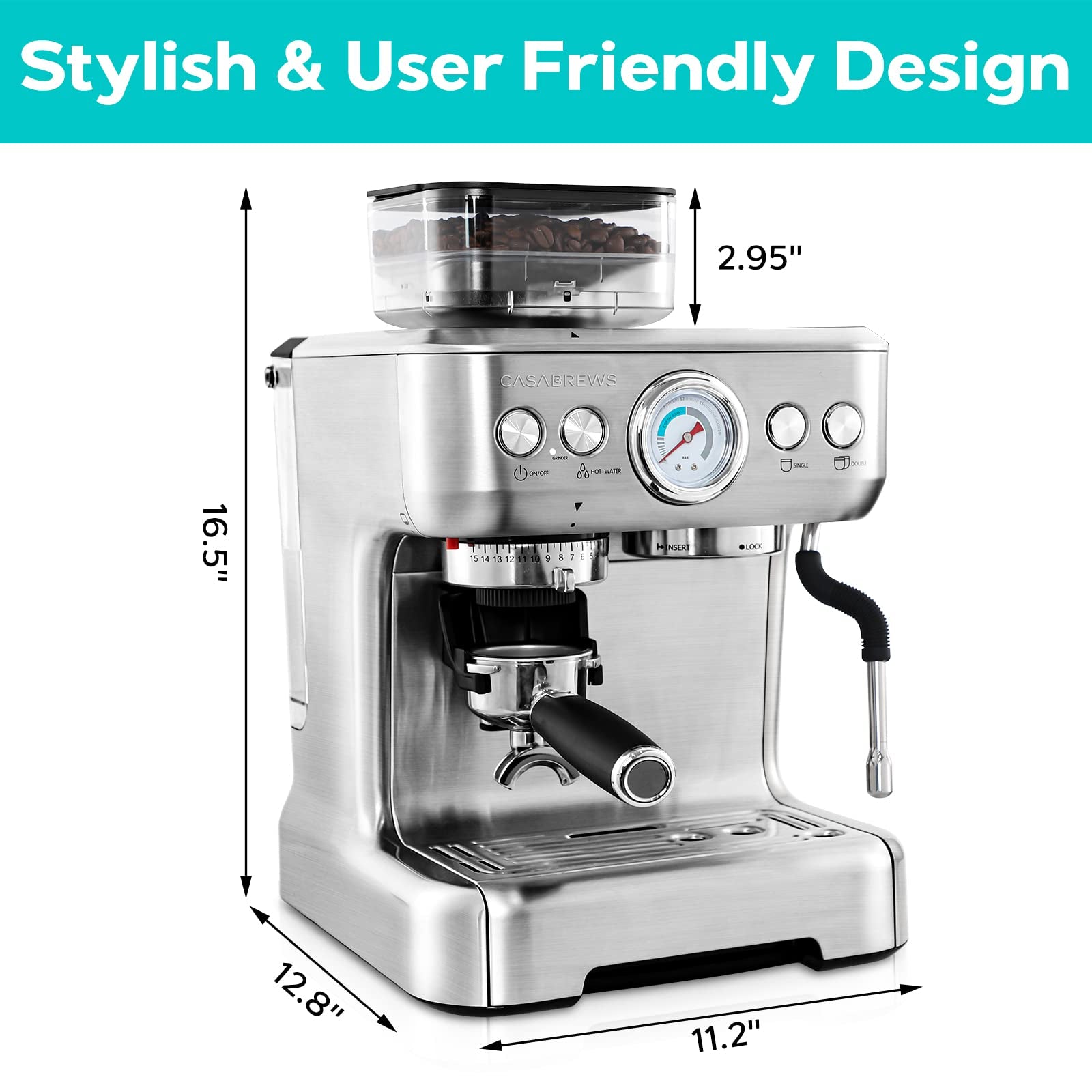 Espresso Machine with Grinder, Professional Espresso Coffee Maker with Milk Frother Steam Wand